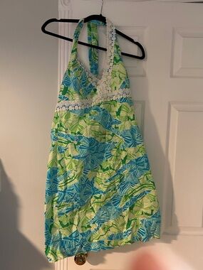 Lilly Pulitzer Green & Blue Halter Sundress with White Trim